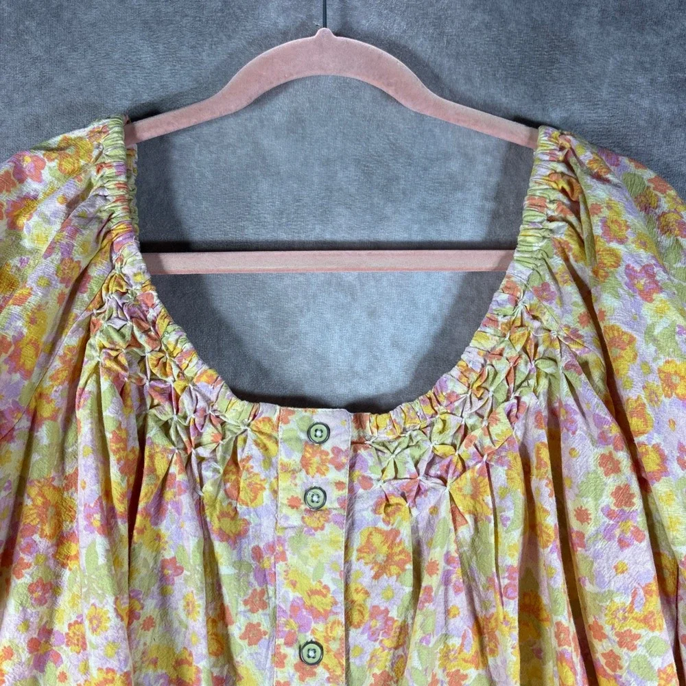 Free People James Top Womens M Yellow Floral Peasant Boho Smocked Button Front
